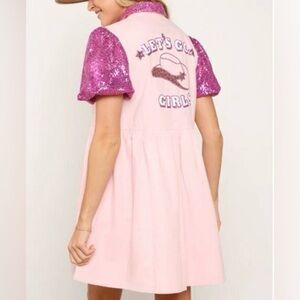 Cavender’s Rodeo Pink Dress with Sequin Sleeves “Let’s Go Girl’s”
